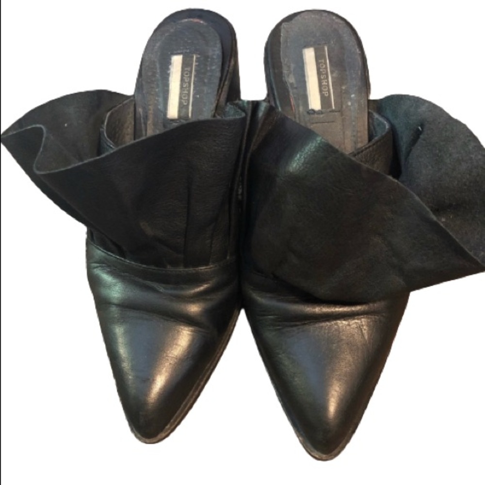 Topshop black leather mules with ruffle detail